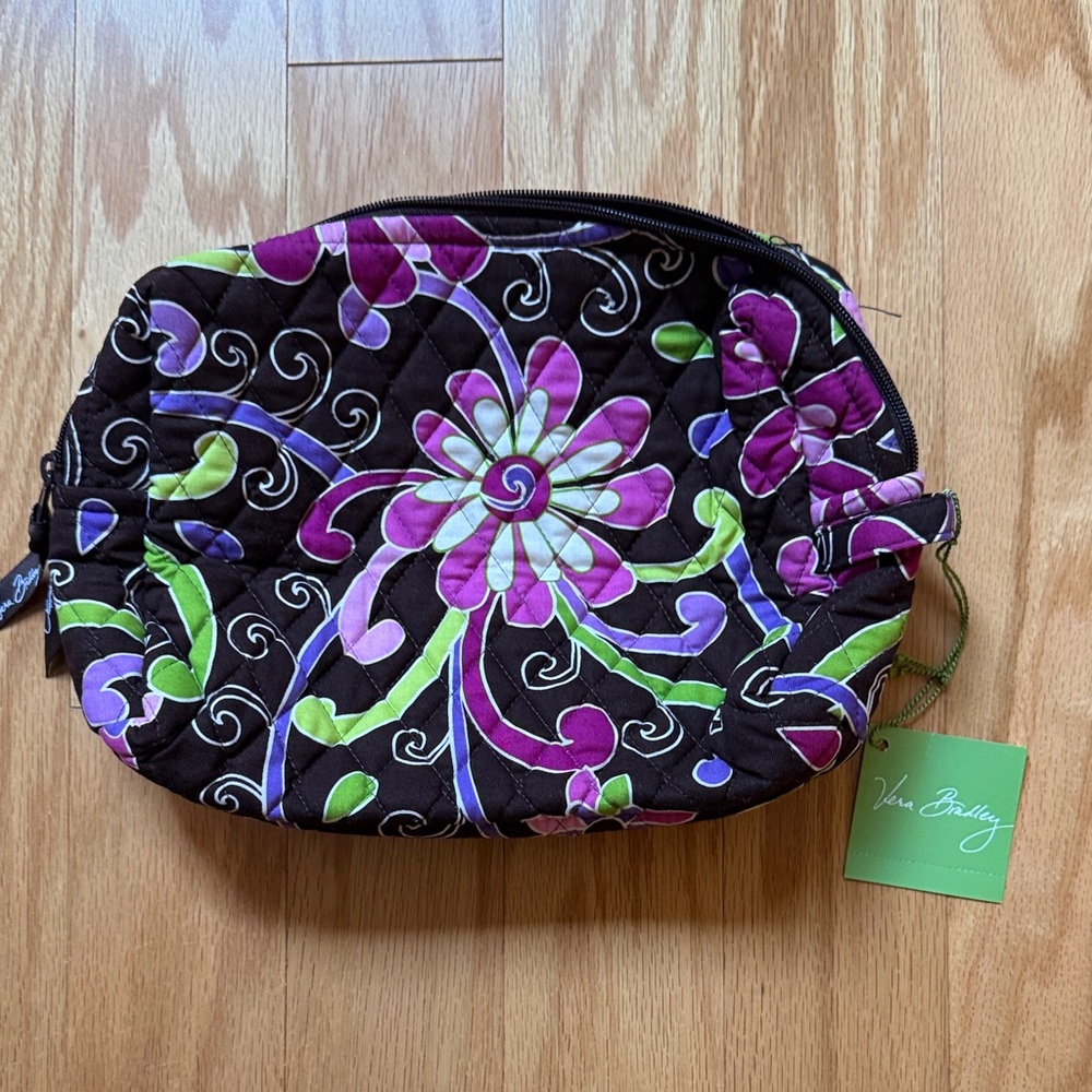 Vera Bradley Black Quilted Cosmetic Pouch with Purple Floral Print